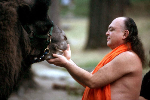Photo of Adi Da Samraj petting Jingle Baba's face, a camel